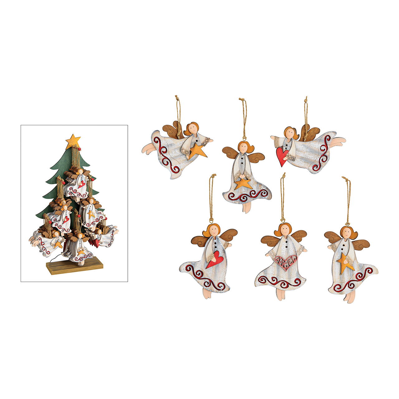 Weihnachtshänger Engel auf Baumständer aus Holz, 6-fach, Silber (B/H/T) 8x13x0.5cm/13x8x0.5cm Weihnachtshänger Engel auf Baumständer aus Holz, 6-fach, Silber (B/H/T) 8x13x0.5cm/13x8x0.5cm