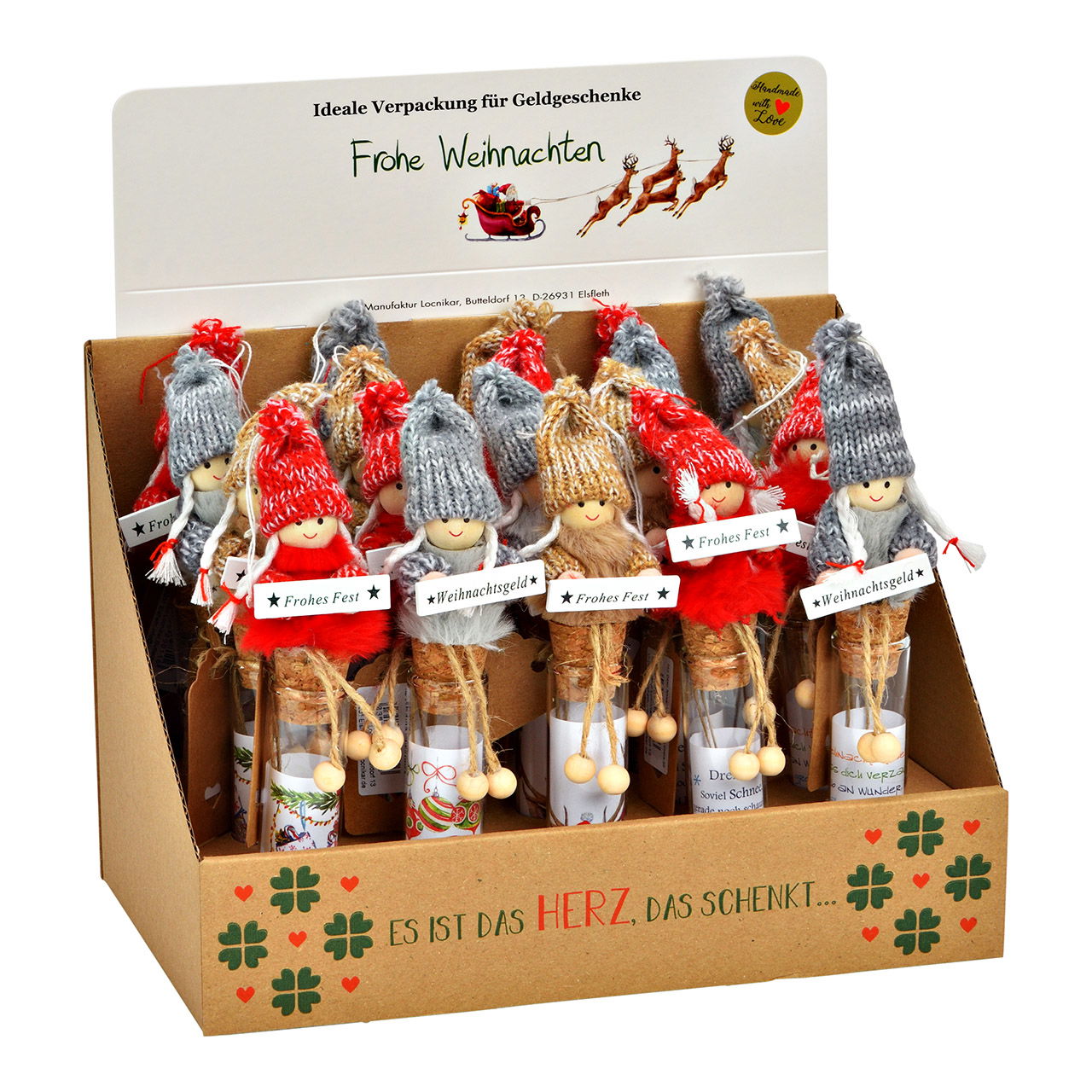 Provetta natalizia in vetro, tripla, rossa/grigia/marrone (W/H/D) 4x16x4cm 20pz. in scatola da esposizione Person, Figur