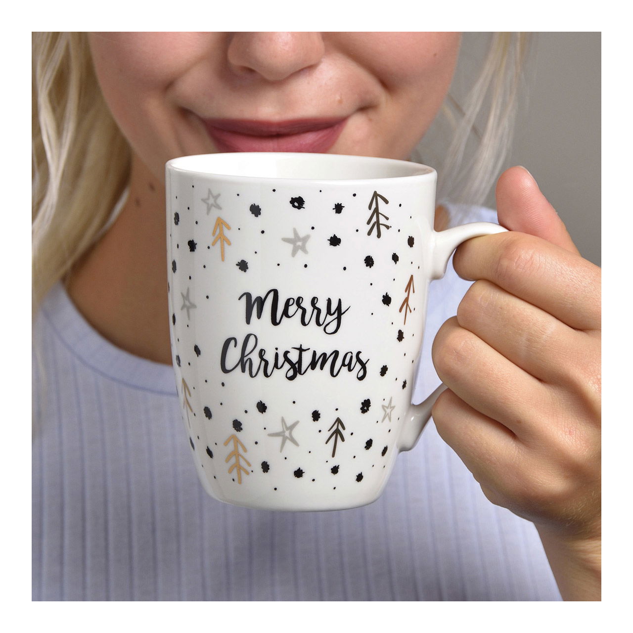 Tazza con scritta Merry Christmas in porcellana bianca/oro a 2 pieghe, 300ml (L/H/D) 12x10x8cm Pokal, Körperteil, Finger, Hand, Person