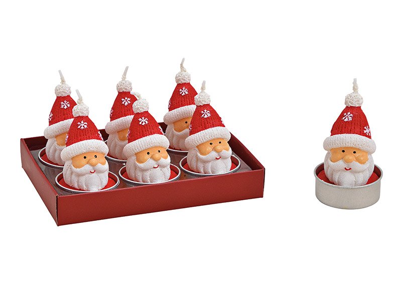 Bougie à chauffe-plat Père Noël 4x6x4cm en cire rouge, set de 6, (L/H/P) 14x7x10cm