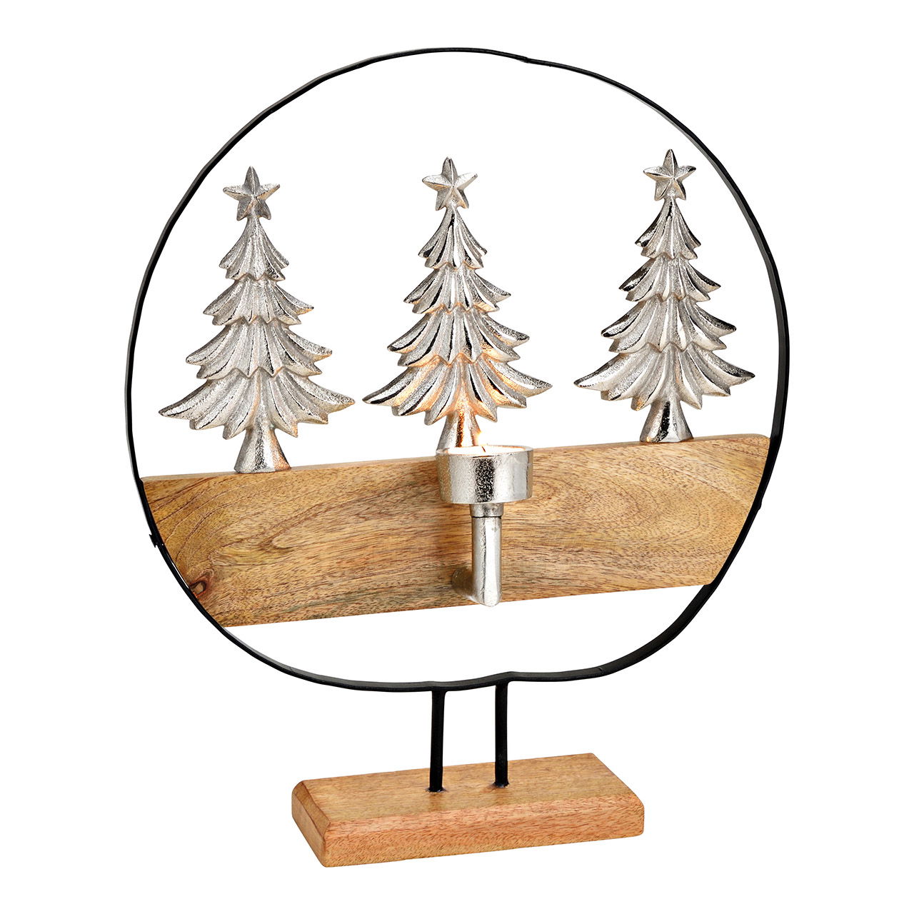 Présentoir Cercle Décor Arbre, avec porte-bougie à chauffe-plat, en bois de manguier, métal brun (L/H/P) 35x43x10cm