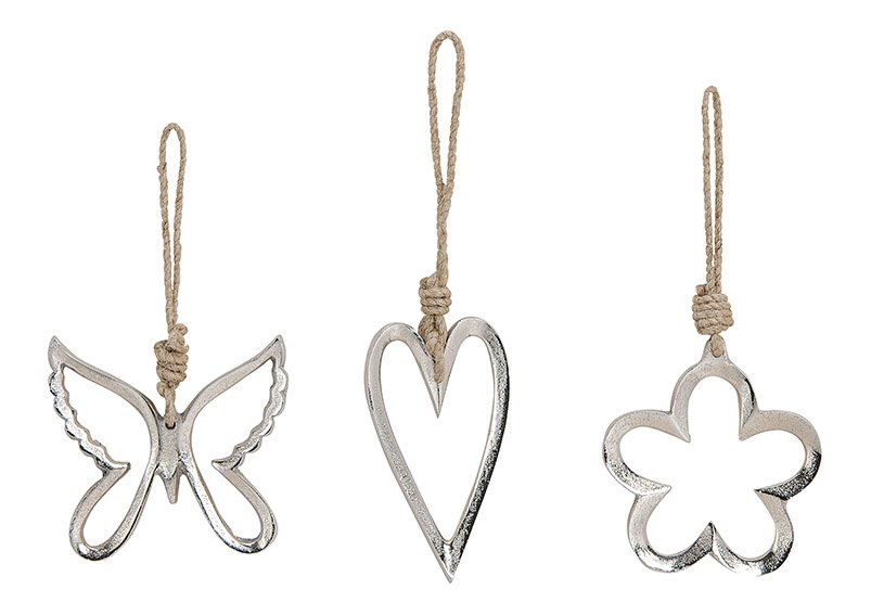 Hanger heart, flower, butterfly, metal, silver 3 asst 9x10x1cm