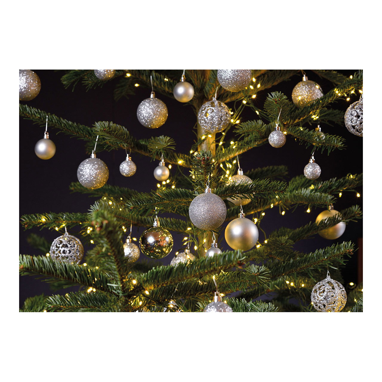 Weihnachtskugeln aus Kunststoff, 50er-Set, Silber Ø3/4/6cm (B/H/T) 23x18x12cm Pflanze, Baum, Weihnachtsdekorationen, Festival, Weihnachtsbaum