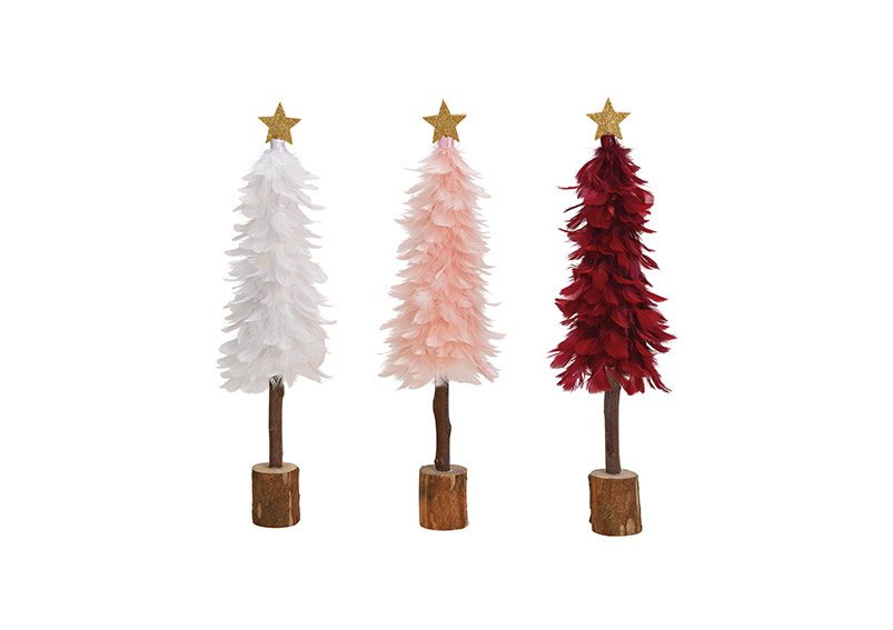 Christmas tree wood, feather bordeaux/pink/white 3-asst. 10x35x10cm