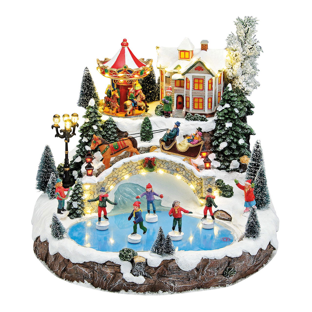 Scène d'hiver avec lumière, musique, carrousel animé. Carrousel, patineur, en poly 33x35x29cm