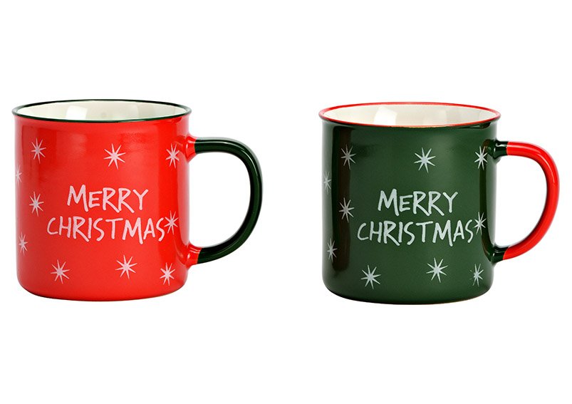 Tazza Jumbo, Merry Christmas in gres verde, rosso a 2 pieghe, (L/H/D) 13x10x10cm, 540 ml