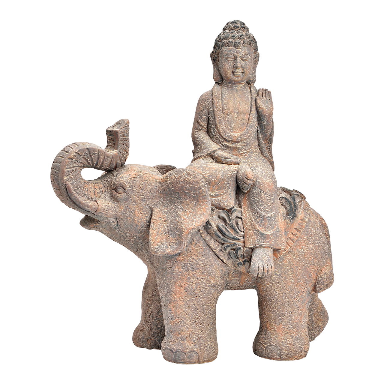 Buddha su elefante in magnesia marrone antico (L/H/D) 38x46x20cm Buddha su elefante in magnesia marrone antico (L/H/D) 38x46x20cm