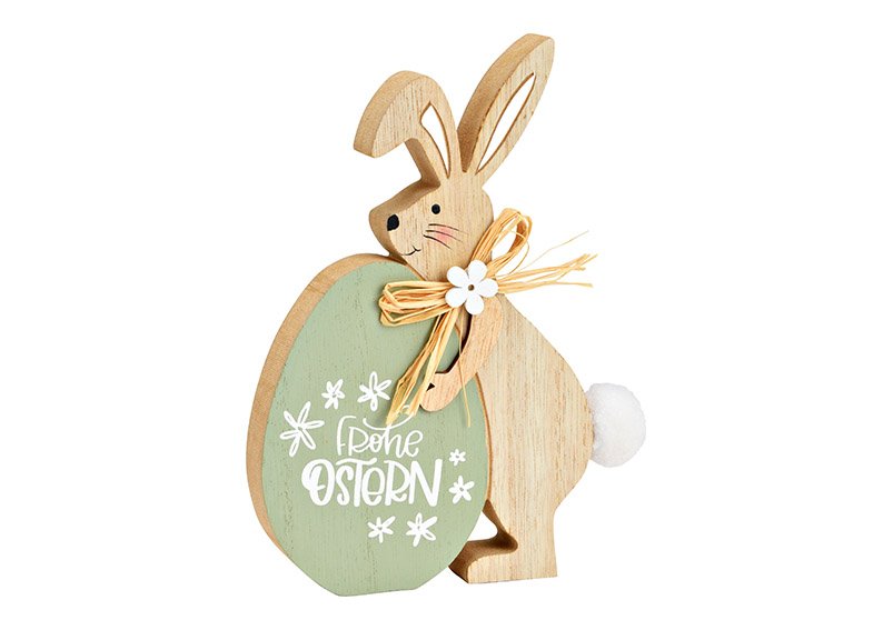 Présentoir lapin avec oeuf, Joyeuses Pâques, en bois vert (L/H/P) 11x18x2cm