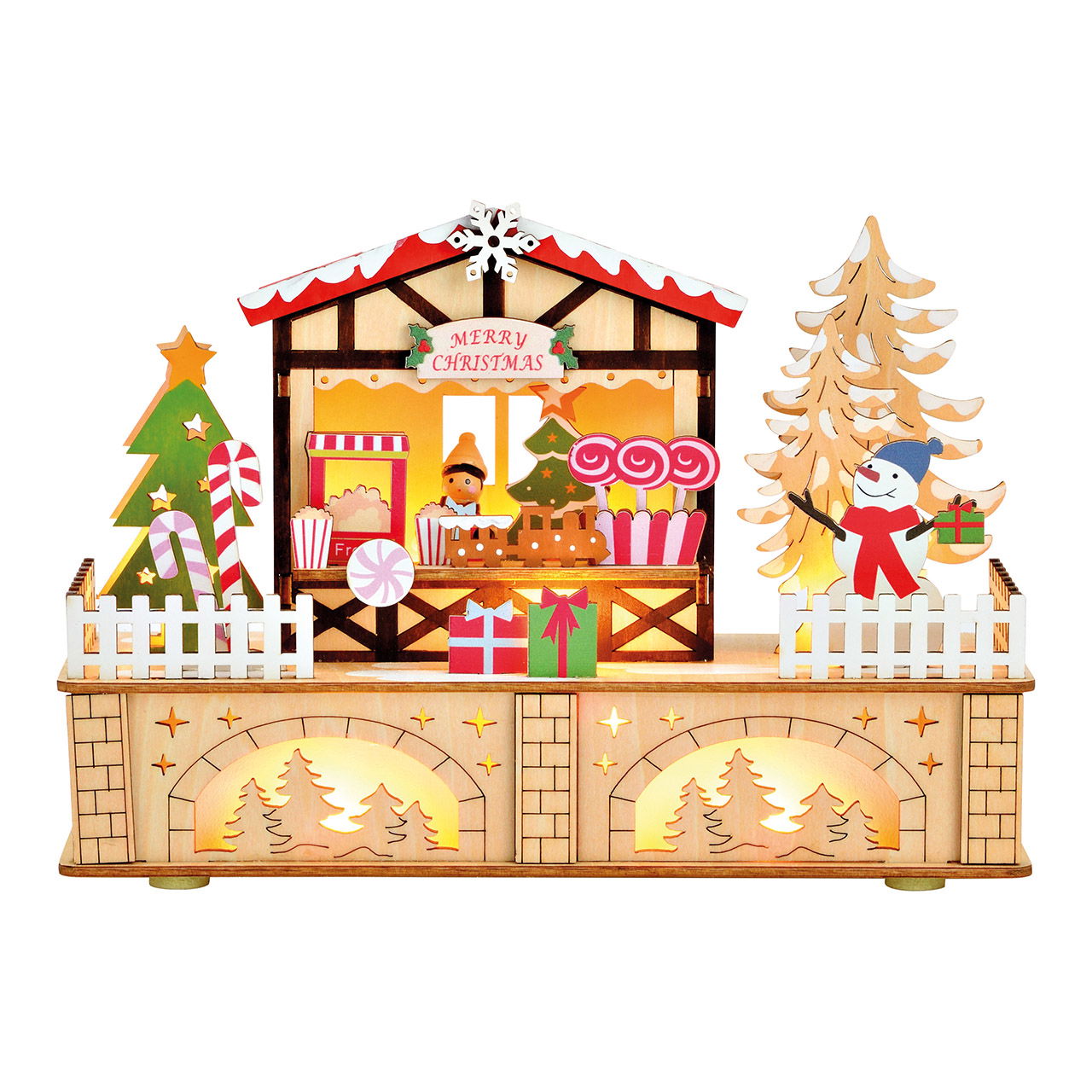 Scène hivernale Stand de marché avec LED, fonctionnement sur piles 2xAA non incluses, double fonction boîte à piles avec minuterie, en bois coloré (L/H/P) 25x18x8cm Scène hivernale Stand de marché avec LED, fonctionnement sur piles 2xAA non incluses, double fonction boîte à piles avec minuterie, en bois coloré (L/H/P) 25x18x8cm