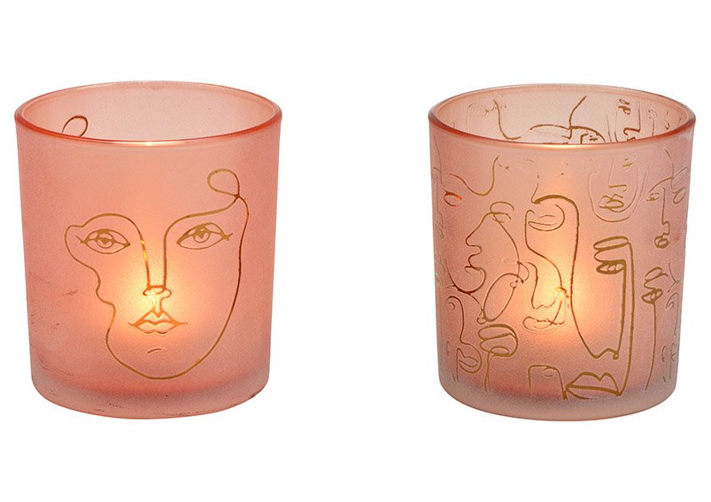 Windlicht Gesicht Dekor aus Glas Pink/Rosa 2-fach, (B/H/T) 7x8x7cm