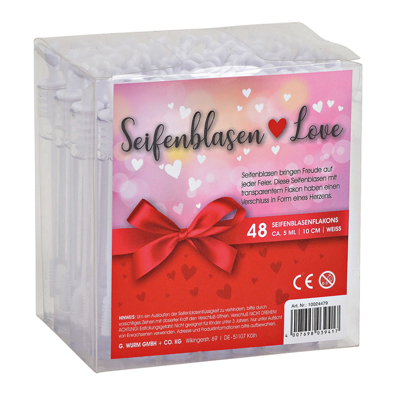 Seifenblasen 48er Set, Herz für Hochzeit, Kunststoff, 4,5ml, (B/H/T) 1x10x1cm Ø1cm