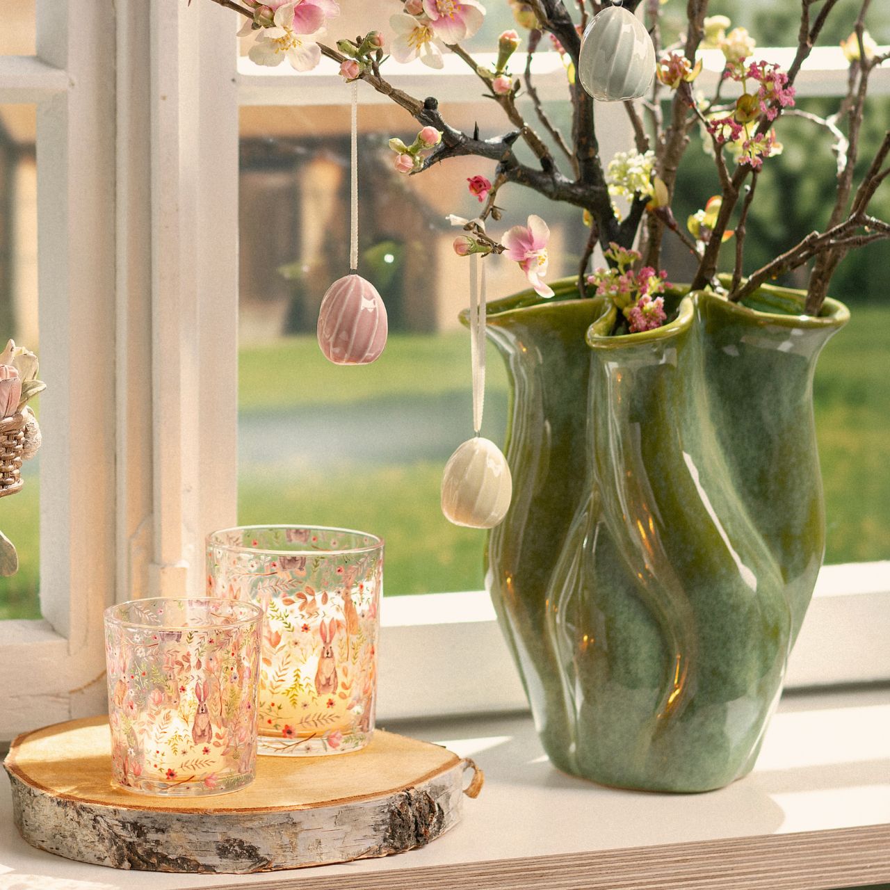 Hänger Ei aus Porzellan, 3-fach, Gelb/Rosa/Grün (B/H/T) 3x4x3cm Zubehor, Schmuck, Halskette