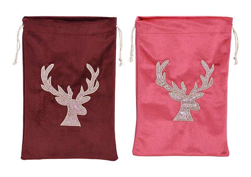 Cadeau tas hertenkop decor gemaakt van fluweel textiel Bordeaux, roze 2-voudig, (m/h) 20x30cm