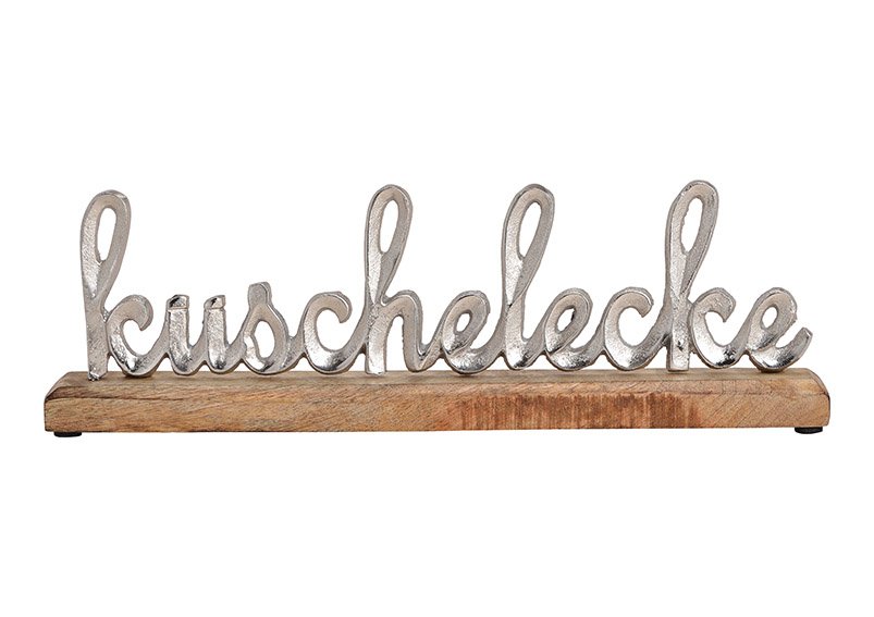 Aufsteller Schrifzug Kuschelecke aus Metall Mangoholz Silber (B/H/T) 40x14x5cm