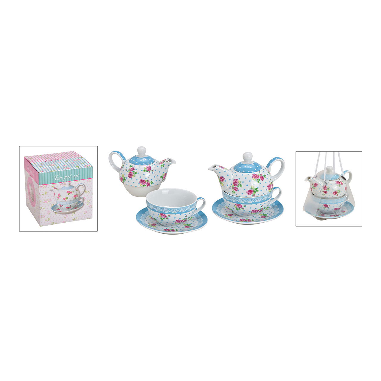 Porcelain teapot set roses decor blue set of 3