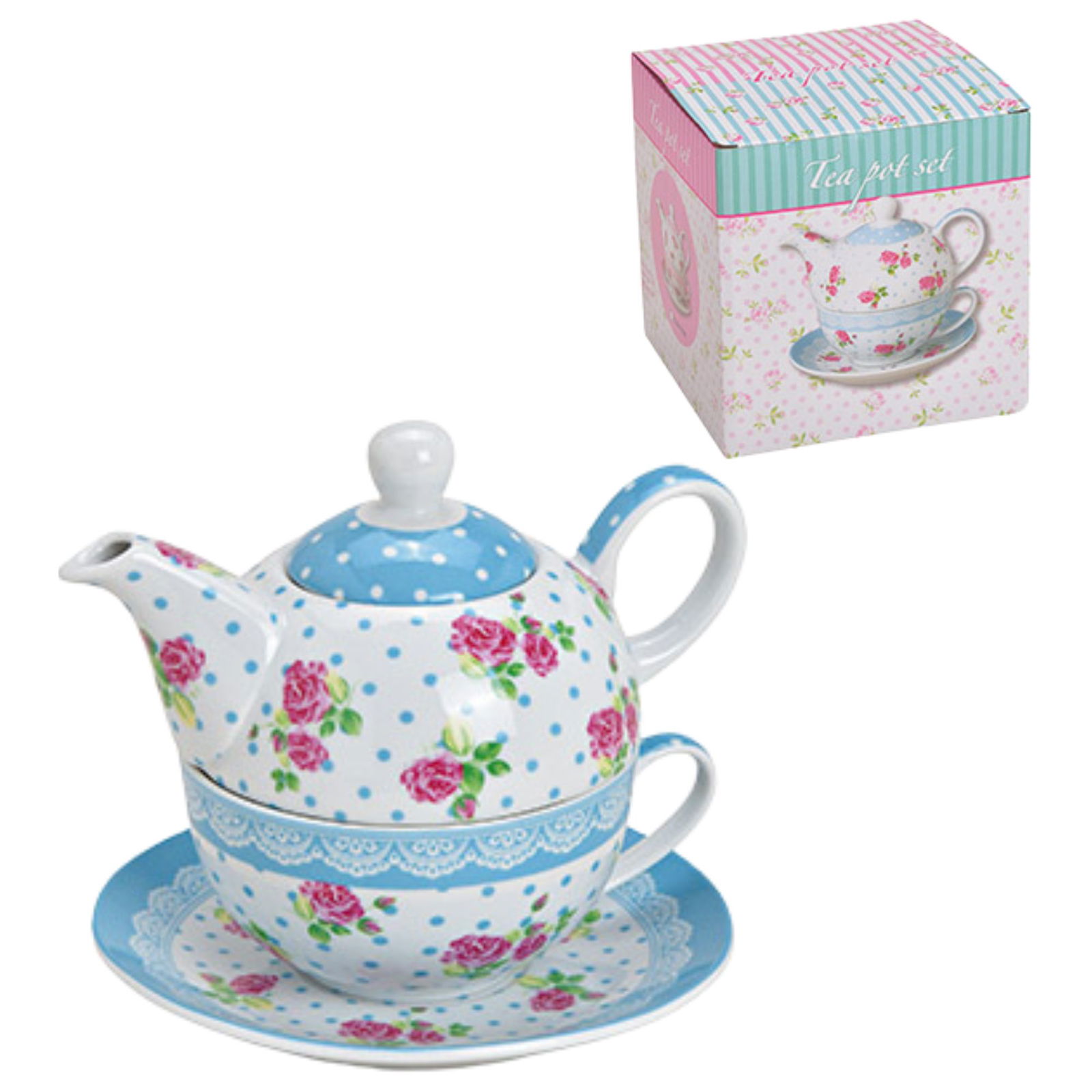 Teekannen-Set Rosen Dekor aus Porzellan Blau 3er Set Töpferei, Kochgeschirr, Topf, Teekanne, Porzellan