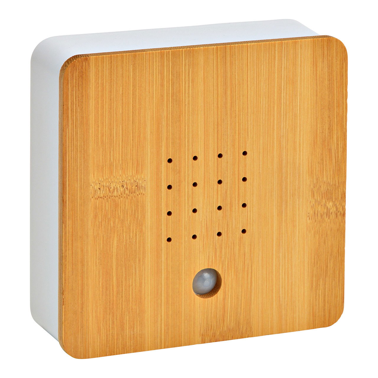 Soundbox birdsong made of plastic matt white with bamboo front brown (W/H/D) 12x12x4cm Battery operation 3xAAA not included Soundbox birdsong made of plastic matt white with bamboo front brown (W/H/D) 12x12x4cm Battery operation 3xAAA not included
