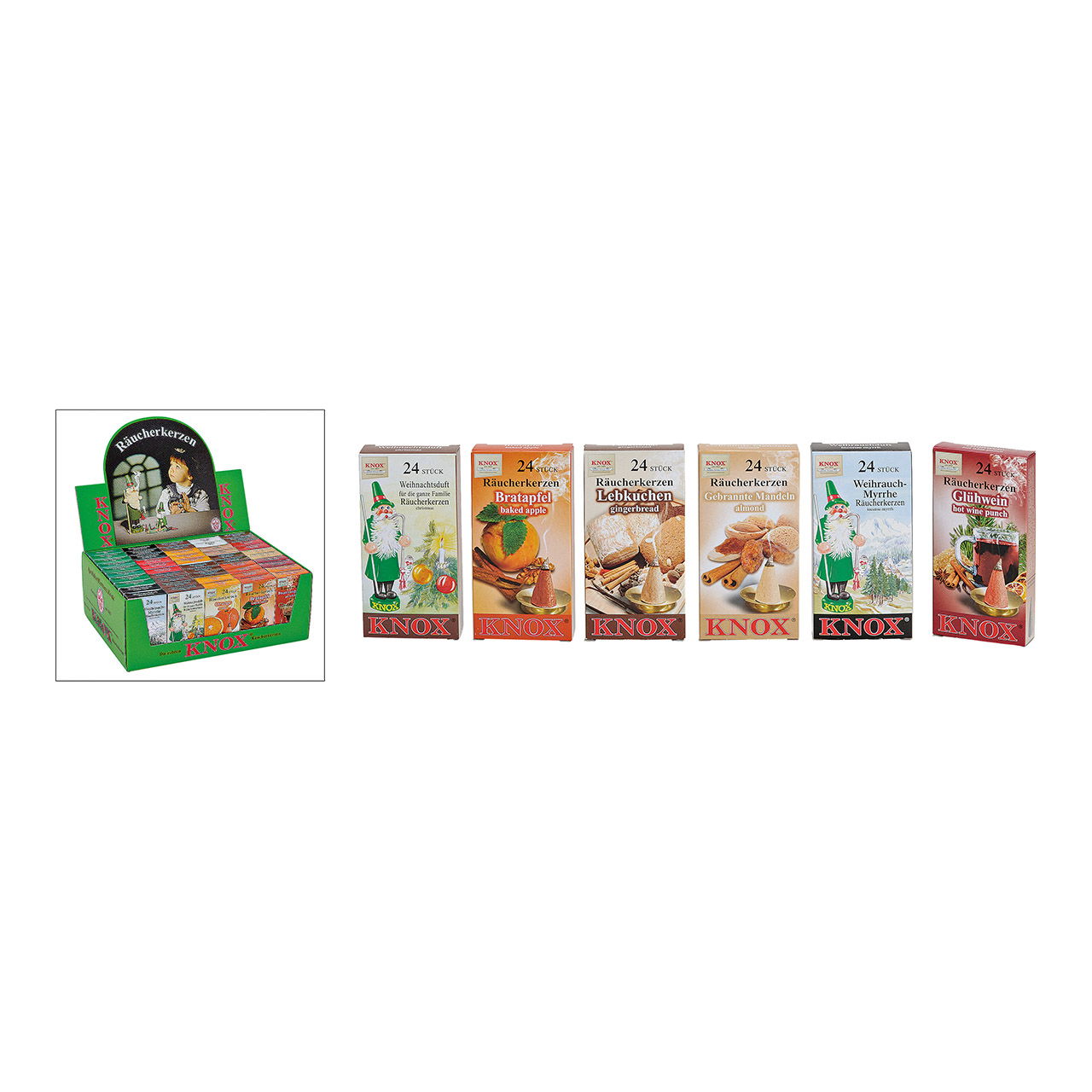 Knox-Räucherkerzen 3cm Weihnacthsduft 24er Set, 15 fach sortiert, (B/H/T) 6x13x2cm Knox-Räucherkerzen 3cm Weihnacthsduft 24er Set, 15 fach sortiert, (B/H/T) 6x13x2cm