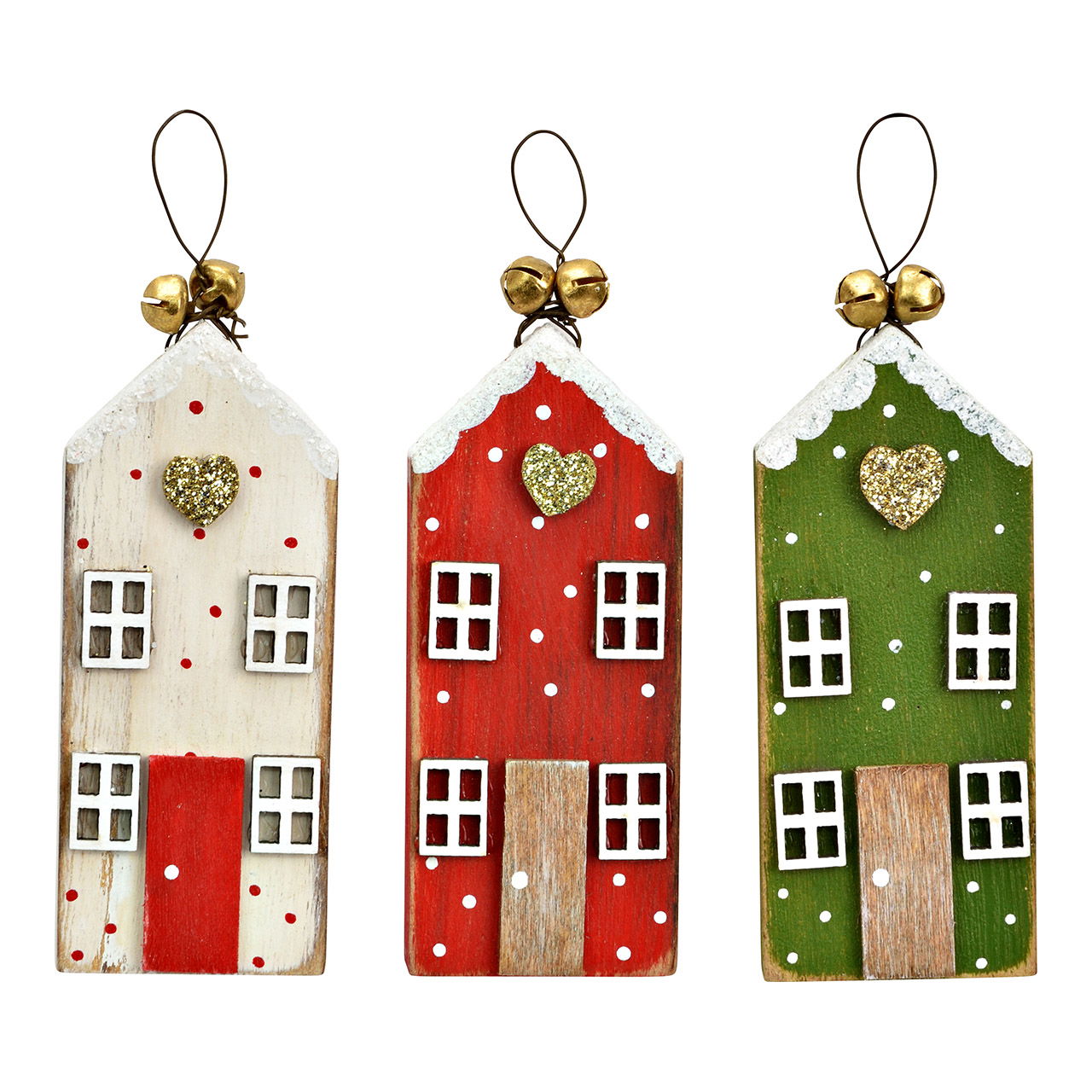 Wooden Christmas hanger house, 3-fold, white/red/green (W/H/D) 4x9x1cm on tree stand (W/H/D)17x31*11cm