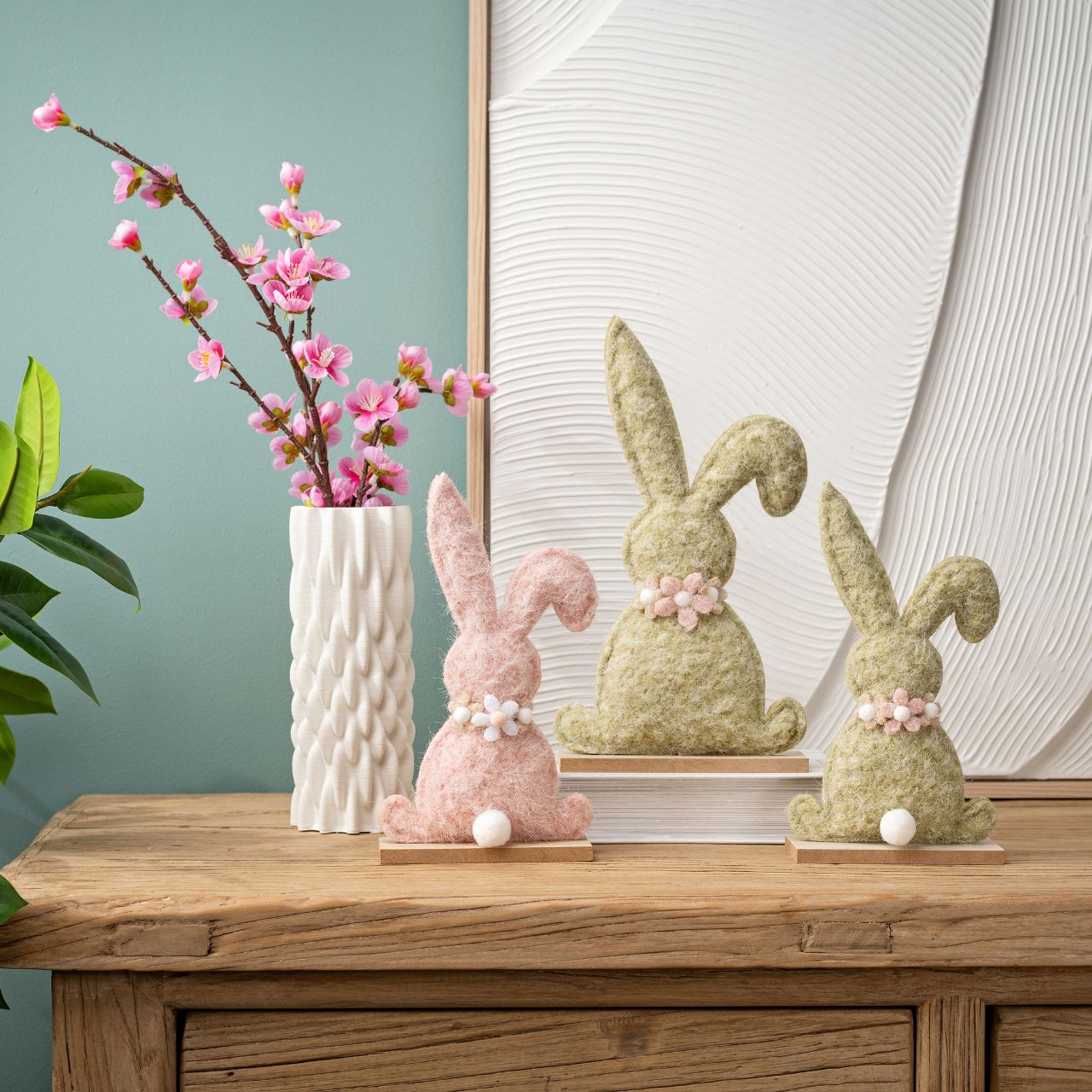 Display stand rabbit made of textile/wood 2-fold, green/pink (W/H/D)16x29x5cm