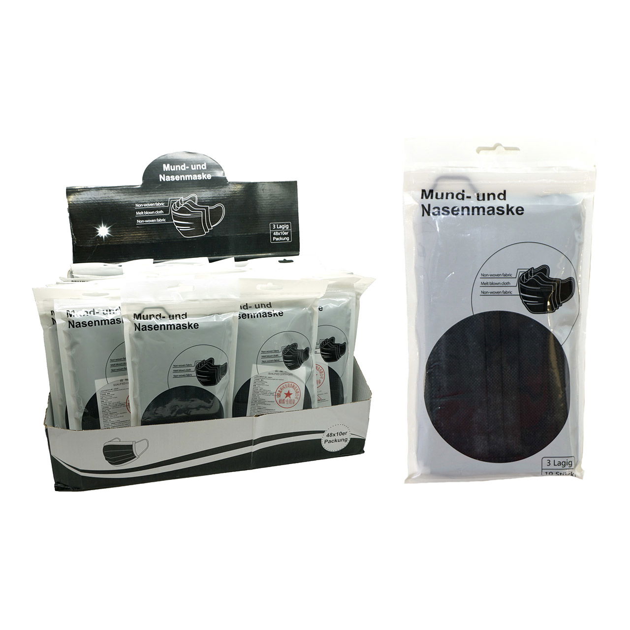 Mund-Nasen-Maske 10er Set, 3-lagiger Mundschutz, Schwarz Mund-Nasen-Maske 10er Set, 3-lagiger Mundschutz, Schwarz