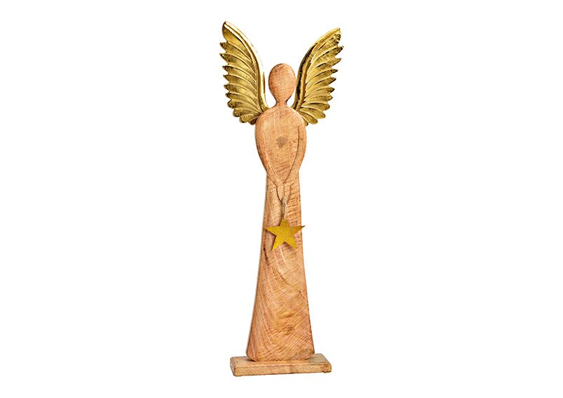 Aufsteller Engel mit Metall Flügeln, Stern Anhänger aus Mangoholz Braun, gold (B/H/T) 23x70x8cm