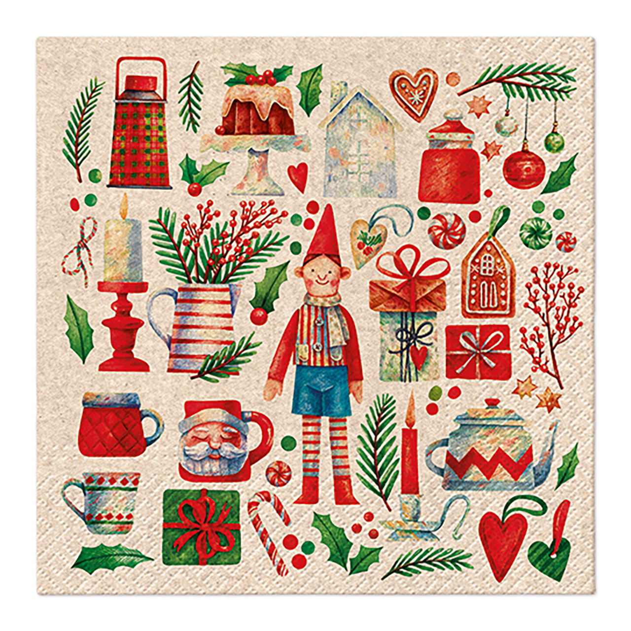 Serviette de table décor lutin en papier/carton recyclé, 3 plis, paquet de 20, naturel/rouge/vert (l/h) 33x33cm Serviette de table décor lutin en papier/carton recyclé, 3 plis, paquet de 20, naturel/rouge/vert (l/h) 33x33cm
