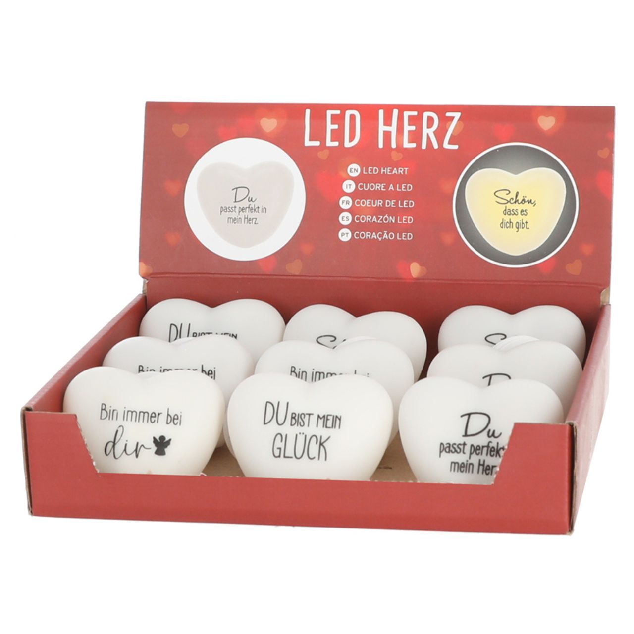 LED Herz weiss mit Spruch 4/s 6,5cm inkl. 2 x LR44 Display 12 Stück Herzform, LED Herz, Deko Herzen, White ceramic, Spruchtext Herz