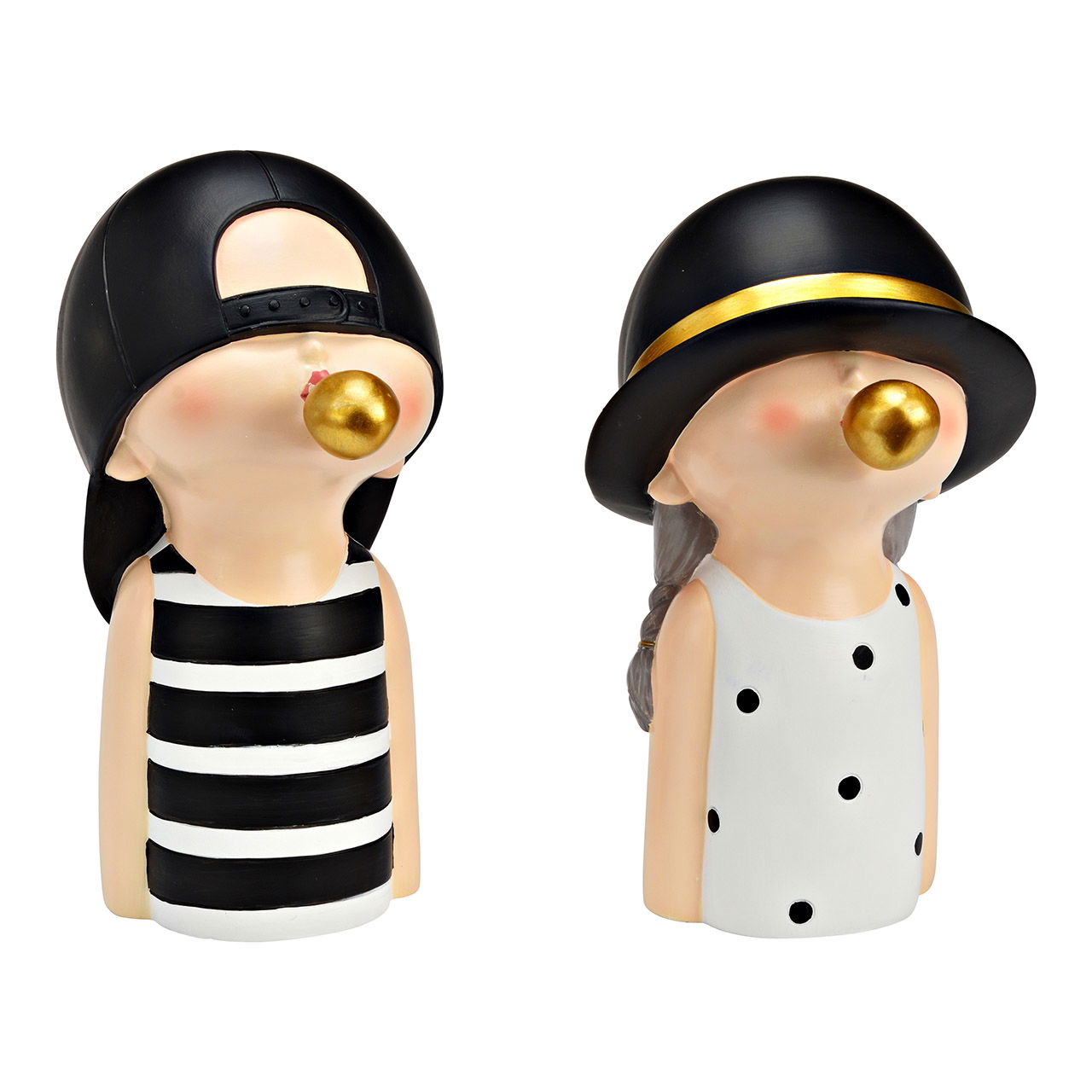 Figure boy/girl with chewing gum bubble made of poly 2-fold, black/white/gold W/H/D) 18x26x15cm