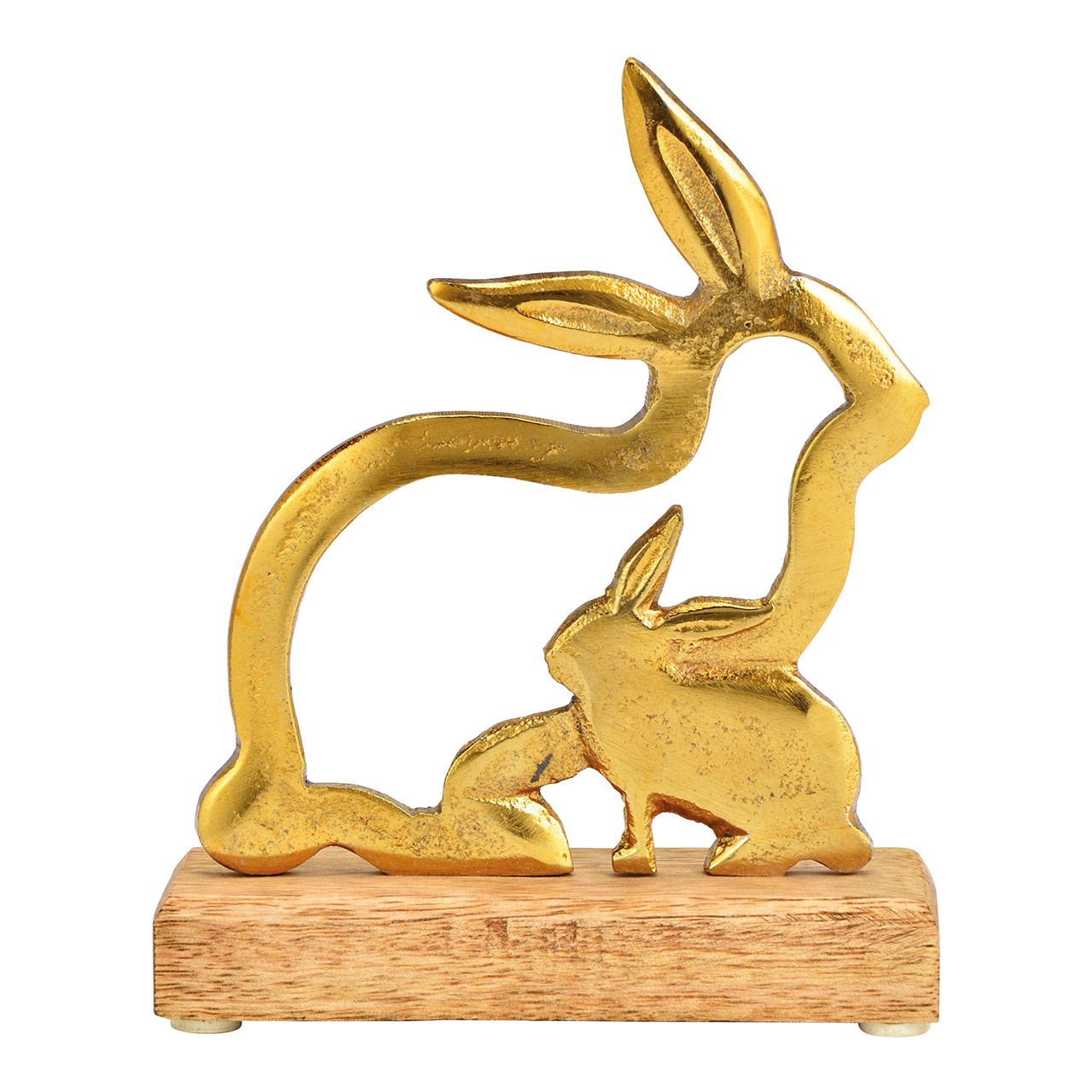 Présentoir lapin sur socle en bois de manguier, en métal doré (L/H/P) 14x17x5cm