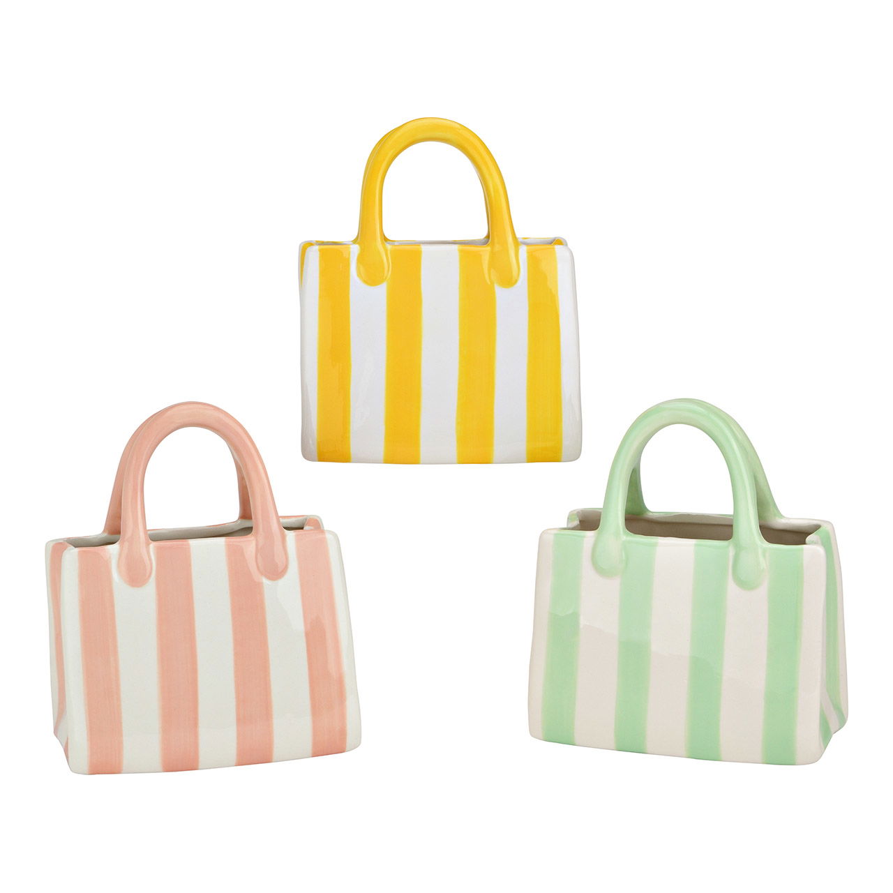 Vase Tasche gestreift aus Keramik, 3-fach, Gelb/Rosa/Grün (B/H/T) 14x16x7cm Zubehor, Tasche, Handtasche, Geldbörse, Tragetasche