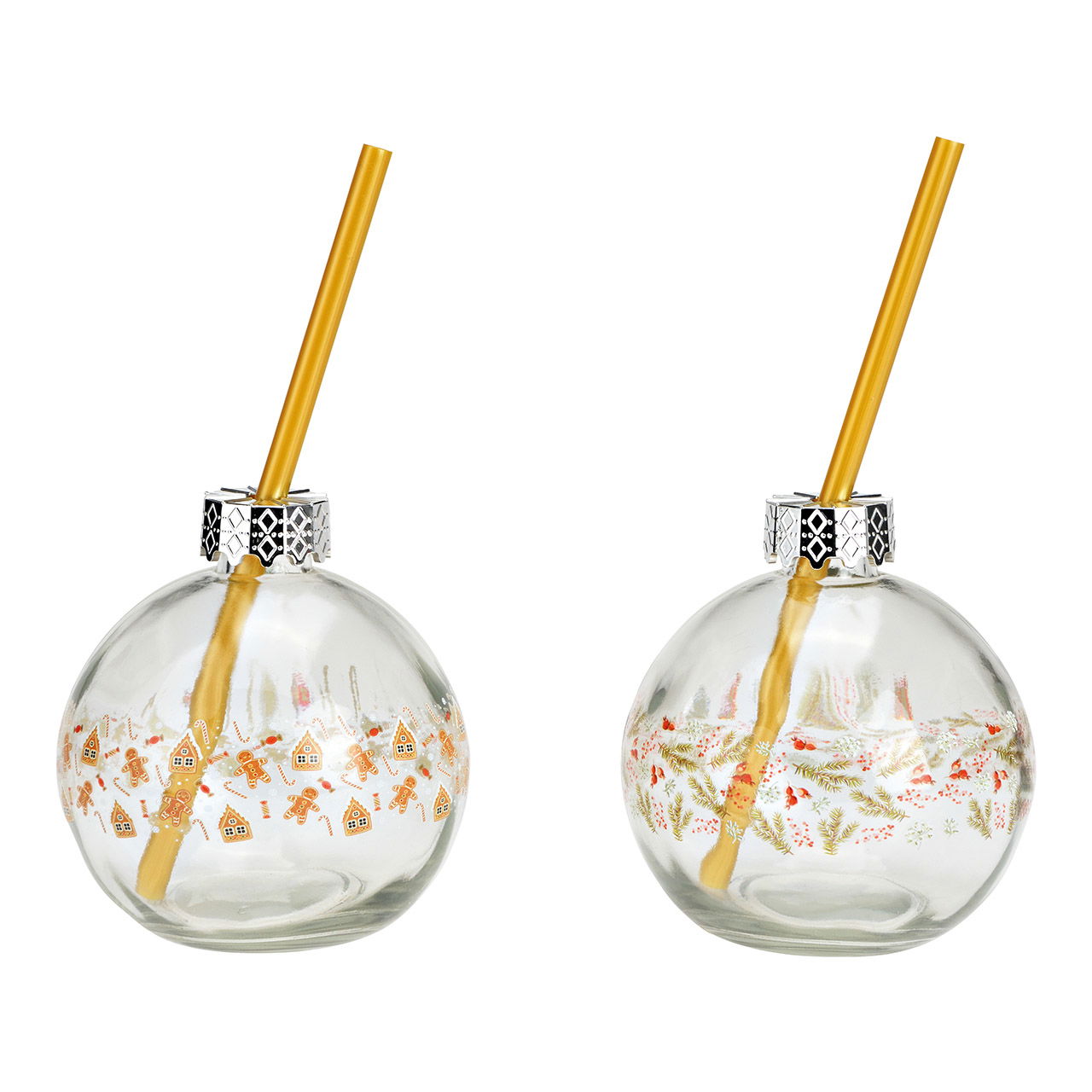 Verre à boire Boule de Noël avec motif et paille, 2 fois, 220ml