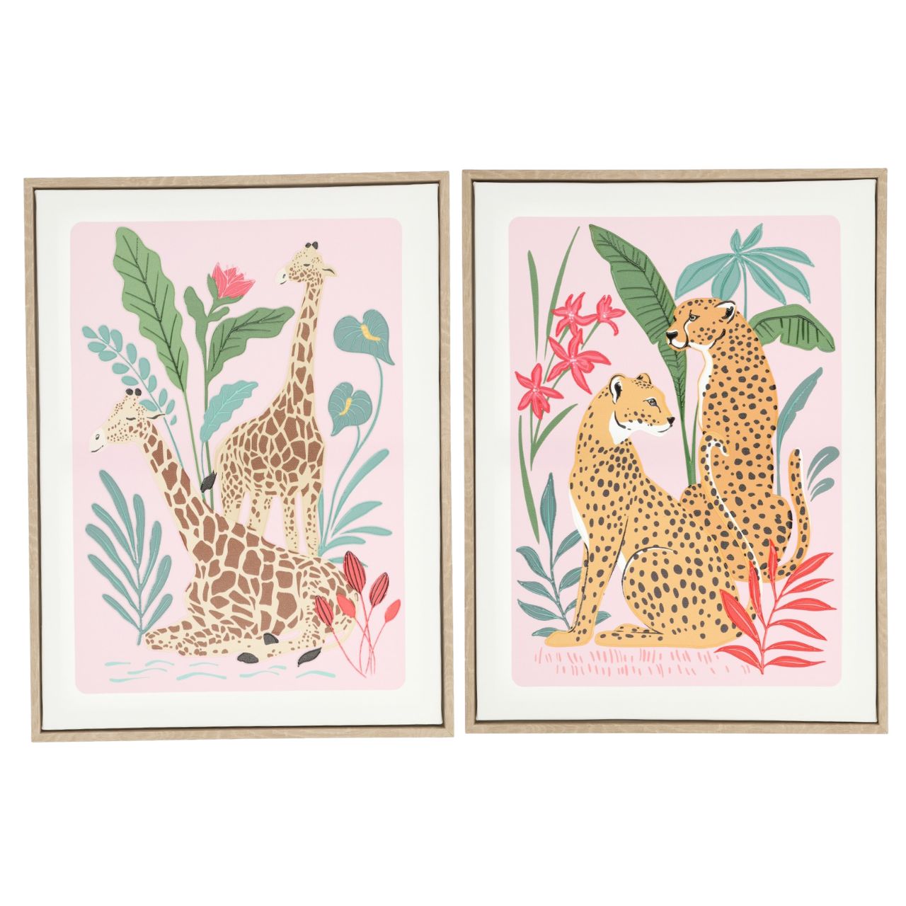 Tableau mural sur châssis en bois « Léopard », multicolore, assortiment de 2 modèles (L/H/P) 30 x 40 x 2 cm Giraffe Art, Giraffes Set, Pink Background, Wood Frame, Animal Illustration