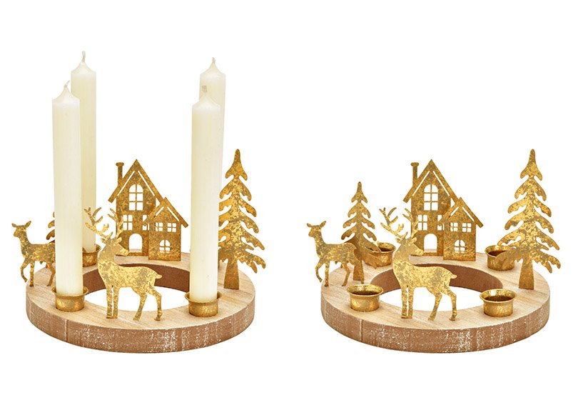 Adventskranz, Kerzenhalter, aus Holz/Metall Gold (B/H/T) 19x14x19cm