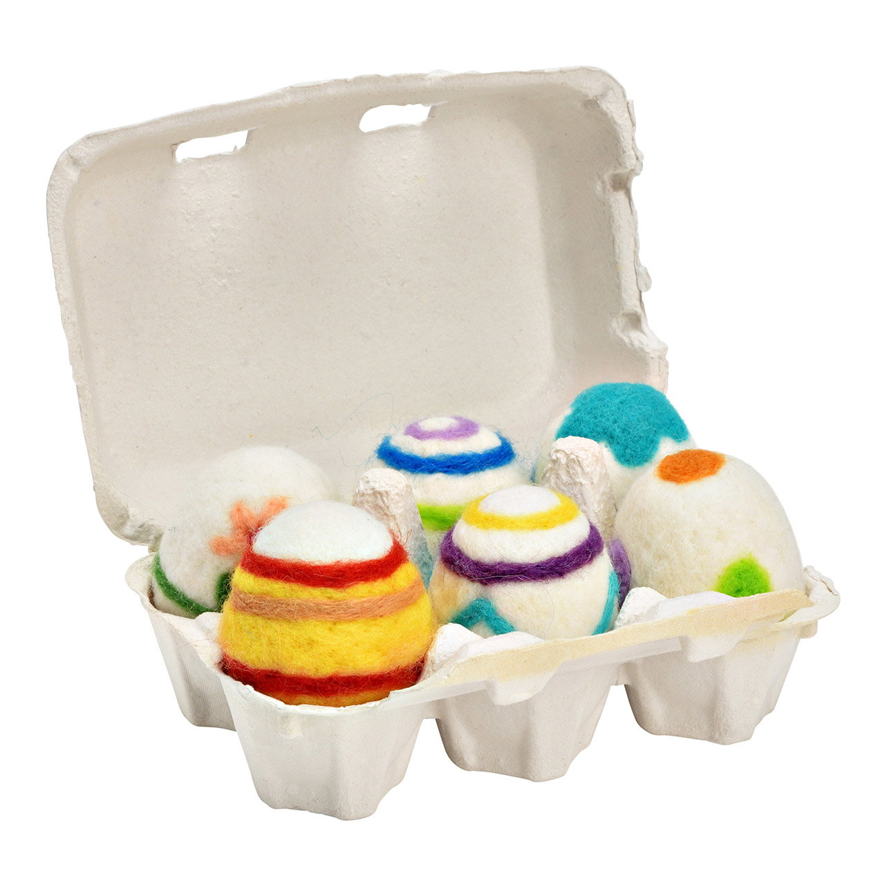 Huevos de Pascua decorativos de fieltro/plástico en cartón para huevos, 6 pliegues, coloridos (A/A/P) 4x6x4cm Huevos de Pascua decorativos de fieltro/plástico en cartón para huevos, 6 pliegues, coloridos (A/A/P) 4x6x4cm