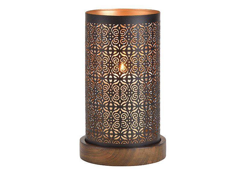 Windlight on wooden base, metal, black/brown/gold (w/h/d) 13x22x13cm