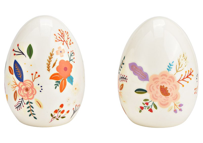 Oeuf de Pâques avec décor de fleurs colorées en porcelaine blanche 2 fois, (L/H/P) 8x10x8cm