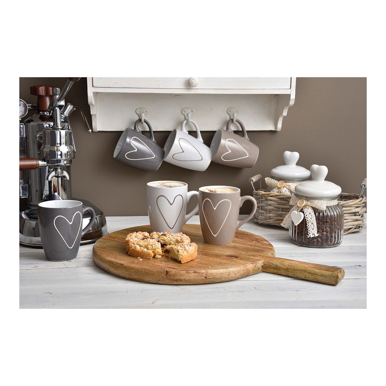 Becher Herz aus Keramik, 3-fach sortiert, 11x10x8cm 300 ml Porzellan, Töpferei, Tasse, Mobiliar, Tabelle