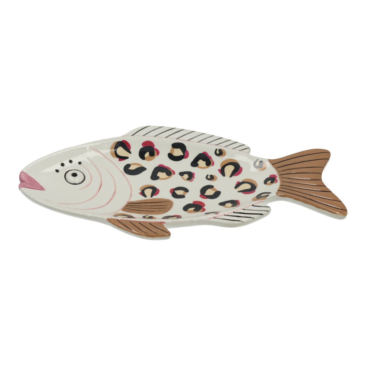 Plato decorativo de cerámica con forma de pez, blanco (ancho/alto/profundidad) 25 x 2 x 13 cm Fisch, Keramik, Dekoration, Leopardendruck, braun-weiß