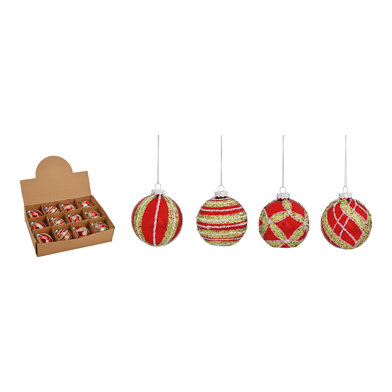 Glitter glass Christmas bauble, 4-fold, gold/red Ø8cm Glitter glass Christmas bauble, 4-fold, gold/red Ø8cm
