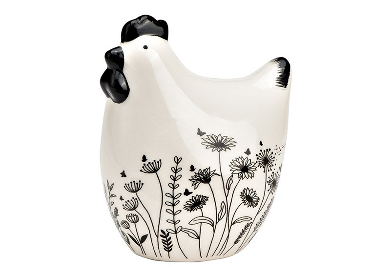 Gallina con decoración de prado de flores de cerámica negra, blanca (A/A/P) 8x10x6cm