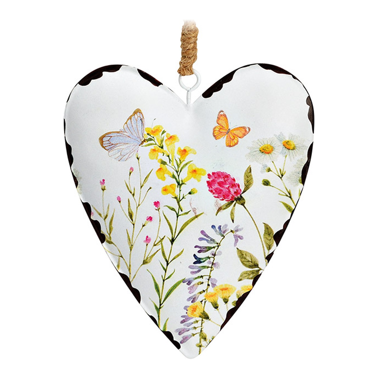 Herzförmiger Wandanhänger, Metall, Blumenmuster, Schmetterlinge, Jutekordel