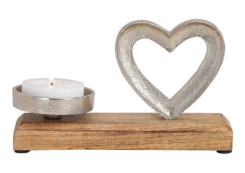 Bougeoir coeur en métal, bois de manguier argenté (L/H/P) 20x12x8cm