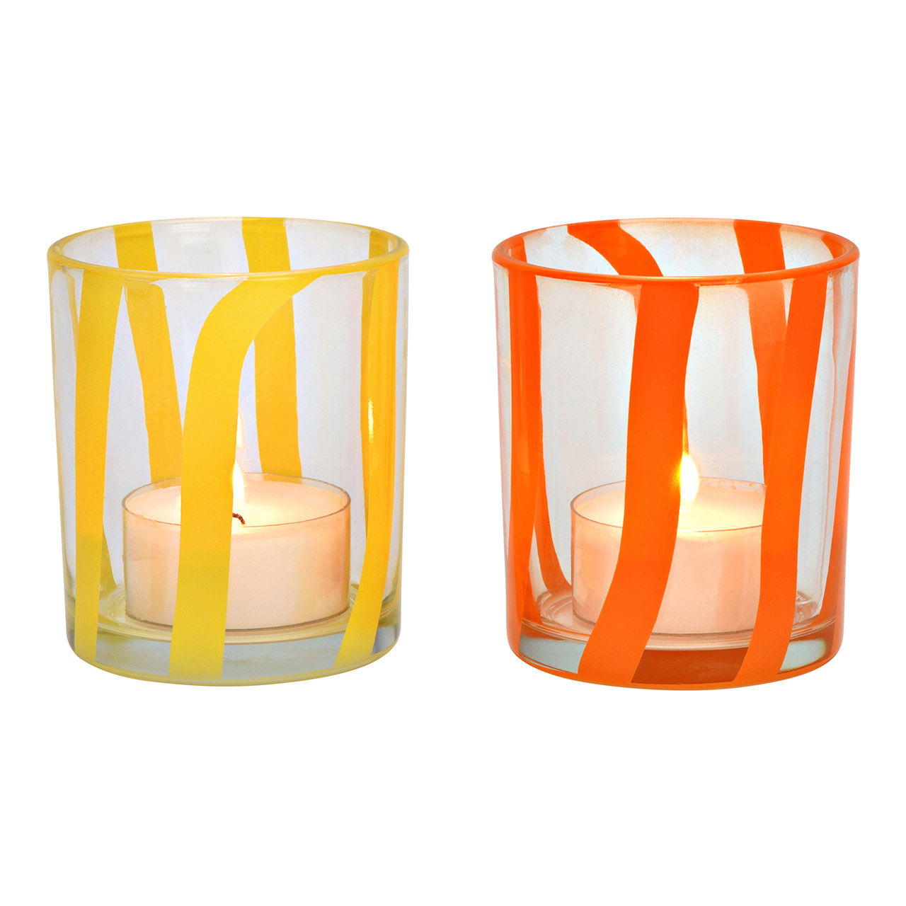 Windlicht gestreift aus Glas 2-fach, Transparent/Orange/Gelb (B/H/T) 9x10x9cm