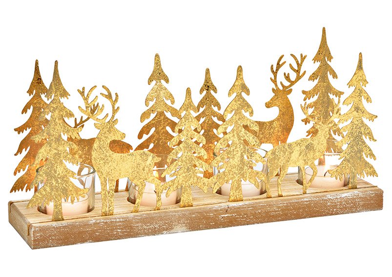 Advent arrangement, tea light holder deer winter forest of wood/metal/glass gold (W/H/D) 33x16x9cm