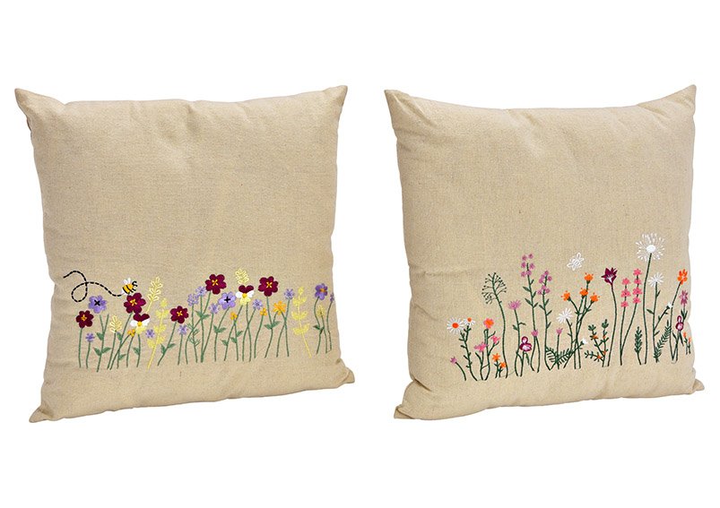 Pillow with floral embroidery linen beige 2-fold, (W/H/D) 40x40x8cm