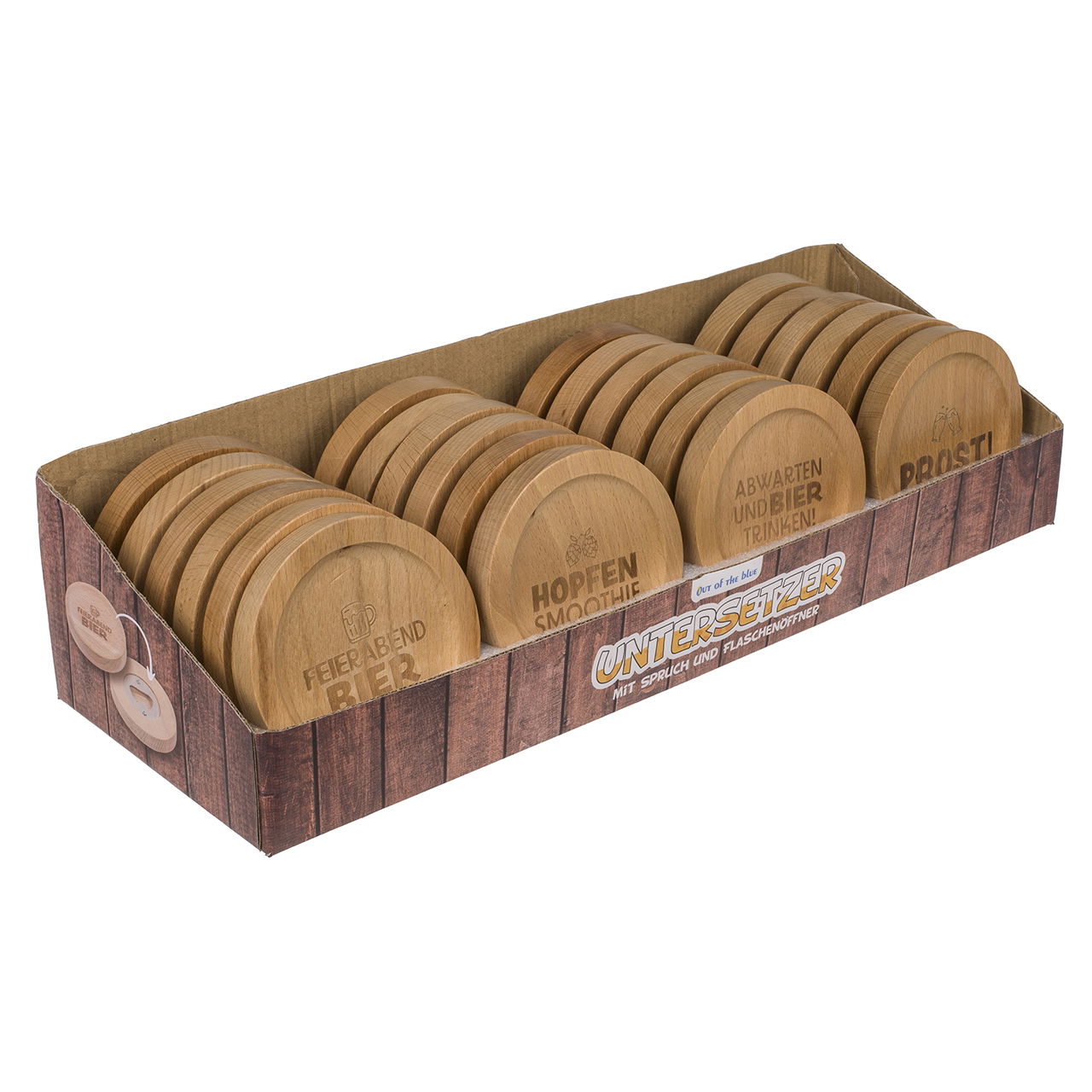 Posavasos con refrán y abrebotellas de madera, cuádruple, natural (ancho/alto/alto) 8x1x8cm 24pzs. en expositor Kiste