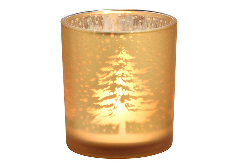 Windlicht winterbosdecor van glas champagne (B/H/D) 7x8x7cm