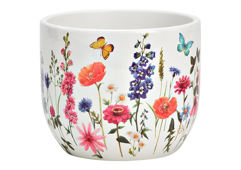 Pot de fleurs décor prairies fleuries en céramique multicolore (L/H/P) 12x10x12cm