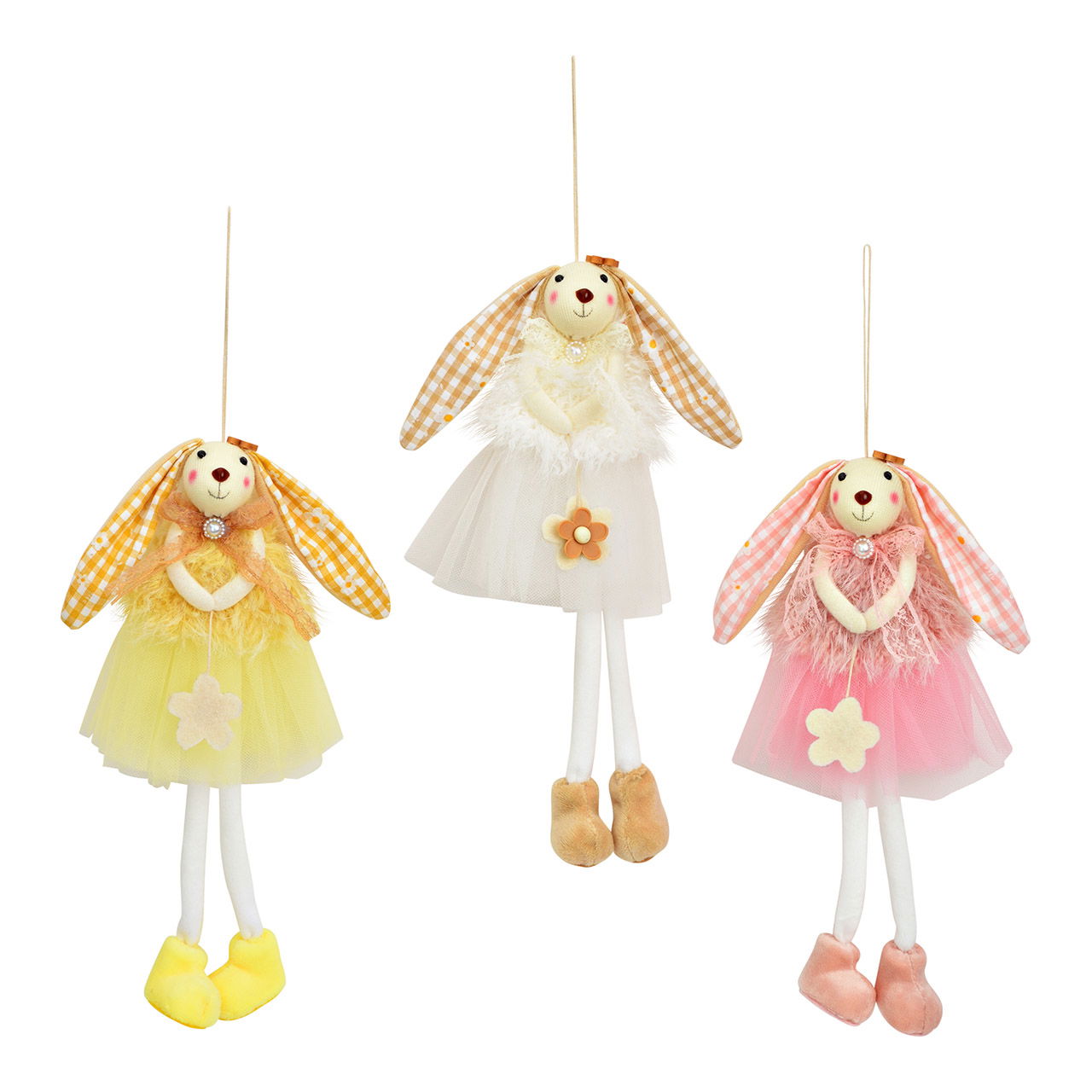 Hänger Hase aus Textil, 3-fach, Gelb/Weiß/Rosa (B/H/T) 15x26x5cm Puppe, Spielzeug